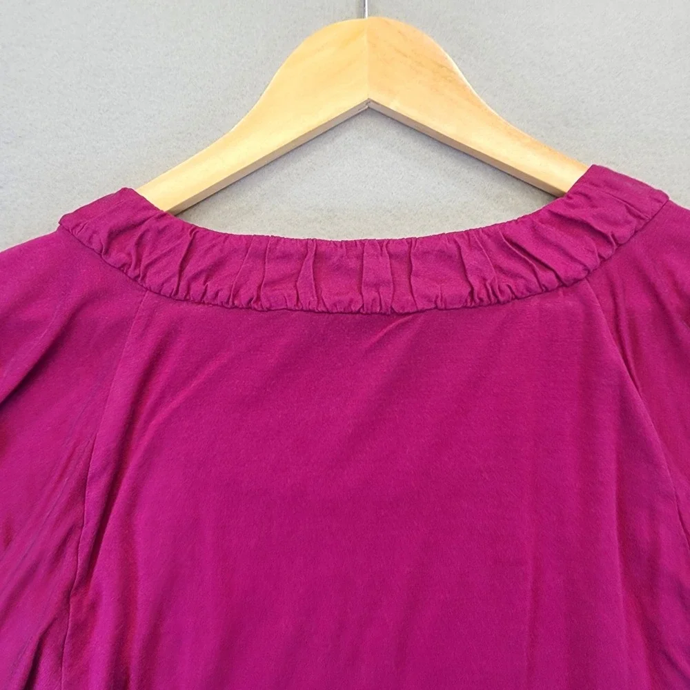 Banana Republic Magenta Silk Blend Flutter Sleeve Ruffle Neck Top Petite Small - Picture 5 of 10